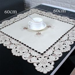 White Tablecloth Embroidered Lace Cloth Floral Satin Fabric Dining Room Decor Dust proof Map 220627