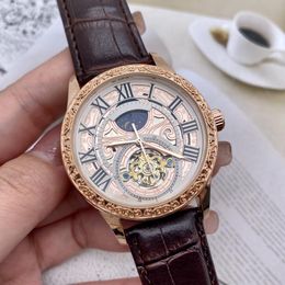 Three Stitches Series Tourbillon Automatic Mechanical Watch High Quality Leather Strap Deluxe Fashion Moon Phase Hollow Carving Flower Luxury brand man watch