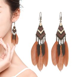 Rhombus Fringe Feather Earrings Female Bohemian Jewelry Ethnic Golden Leaf Long Earrings for Women Indian Jhumka Earings
