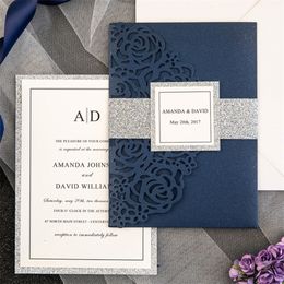 50 pieceslot Laser Rose Navy Blue Wedding Invitations TriFold Customized Silver Glittery Birthday Greeting RSVP Cards IC132 220711