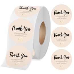 Thank You for Supporting My Small Business Sticker Labels Pastel Peach Color with Gold Foil Hearts 1" Round in Roll for Small Business Owners 1222507