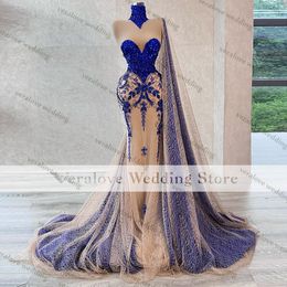 robe de soiree femme Formal Aso Ebi Blue Evening Dresses High Neck Applique Beads Mermaid Prom Gowns Women Party Wear