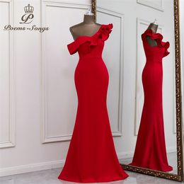 Sexy one shoulder red evening dress vestido de festa gowns elegant formal party dresses women prom W220421