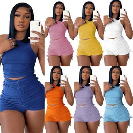 Sexy Ladies Sportswear Designer two Piece Yoga Pants Outfits Womens Summer Vest Shorts Set Pleated Drawstring Tracksuits