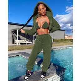 Women's Two Piece Pants Fluffy Winter Elastic Three Set Woman Lace Up Bra Hoodes Long Sleeve Sporty Crop Top Slim Fit Trousers Stretchy Loun