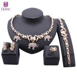 Women Exquisite Gold Wedding Bridesmaid Crystal Elephant Heart Necklace Earrings Bracelet Ring Party Costume Jewelry Set