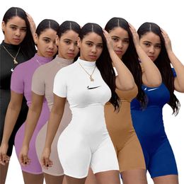 2024 Designer Brand Women Rompers Summer Short Sleeve Jumpsuits Turtleneck Embroidery Skinny Playsuit Solid Bodycon Fitness Bodysuit One Piece Clothing 7457