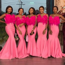 Contrast Colour Feathers Bridesmaid Dresses Mermaid Spaghetti Strap Satin Maid Of Honour Gowns Beaded Waist Africa Wedding Guest Dress 326 326