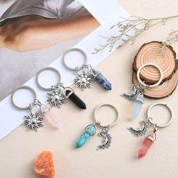 Natural Opal Stone Keychain Women Hexagonal Column Rose Quartz Key Chains With Sun Moon Jewellery Couple Friends