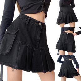 Skirts 2022 Women's Mini Pleated Denim Skirt, Punk Style High Waist Solid Colour A-Line Short Skirt Fashion All-match