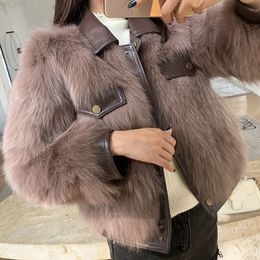 Pop Winter Warm Faux Fur Coats Women Nice Pu Leather Patchwork Cropped Jacket Woman Motocycle Style Turn Down Collar Jackets T220716