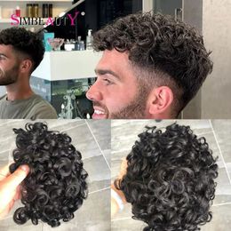 Cheaps PU Base 20mm Curly Indian Human Hair Toupee for Men Natural Hairline Black Colour Thin Skin Hair Pieces Replacement System