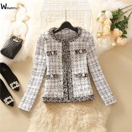 Vintage Women Woolen Cropped Tweed Coat O-neck Slim Black White Plaid Short Jackets Korean Wool Blends Outwear Tops Chaquetas 220815