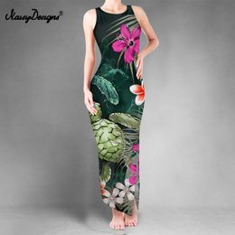 Noisydesigns Long Dresses For Women Summer Hibiscus Boho Turtle Flower Pattern Slit Vest Roupas De Festa Plus Size 4XL 220627