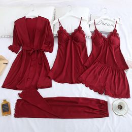 Women's Sleepwear 5PCS Pyjamas Set Burgundy Womens Satin Lace Sleep Pijama Home Nightie Sexy V-Neck Bathrobe Spring Wear Robe Gown Suit