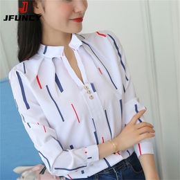 JFUNCY Women White Tops and Blouses Fashion Stripe Print Casual Long Sleeve Office Lady Work Shirts Female Slim Blusas 220727