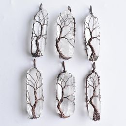 Pendant Necklaces Natural White Crystal Pillar Pendants Handmade Antique Copper Wire Wrapped Tree Of Life Wholesale 6Pcs/Lot For Necklace Je