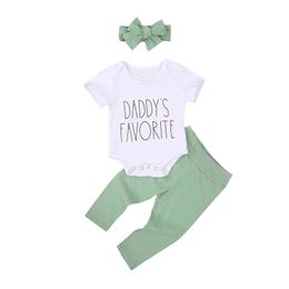 Citgeett Summer 0-24M Baby Girls 3Pcs Set Letter Print Short Sleeve Bodysuit Green Pants Headband Set Clothes J220711