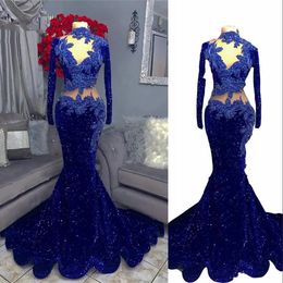 2022 Royal Blue Evening Dresses Wear Black Girls Sequined Lace see through Long Sleeves Lace Appliques Beads African Formal Prom Mermiad Party Dress High Neck