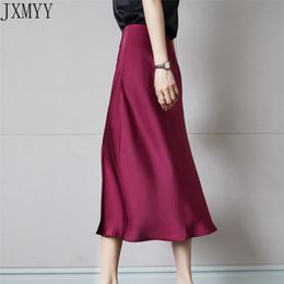 Korean Silk Skirts Womens Heavy Silk Midi Skirt Woman Satin Skirts Women High Waist Split Skirt Plus Size Faldas Mujer Moda 210412