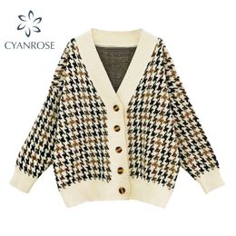 Plaid Knitted Sweaters Women Vintage Autumn Winter Casual Loose v neck long sleeve Cardigans Fashion Outwear Korean Chic Tops 210204