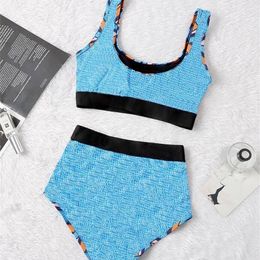 2021 Women New Bathing Suit Sports Bra Vest Pants Leggings Swimwear Blue Orange Two Piece Print Letter Crop Top IN Stock 210305