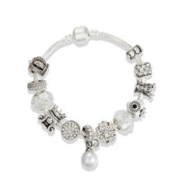 Glamour Princess Crown Breaded Bracelet Silver Plated Box Setting para Pandora High Quality Pearl Pingente Bracelet Holiday 299o