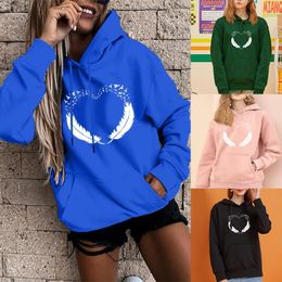 Women's Hoodies & Sweatshirts Fashion Women's Loose Hoodie Autumn Casual Hedging Love Feather Print Ladies Harajuku Oversized Pocket Swe