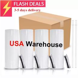USA Warehouse 20oz Blanks Sublimation Tumbler Stainess Steel Coffee Tea Mugs Insulted Water Cup With Plastic Straw And Lid C0721