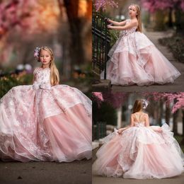 Pink Dreamly A Line Flower Girl Jewel Sleeveless Flowers Printed Sequins Ruffles Tulle Tiered Pageant Dress Floor Length Girl's Birthday Part s 's