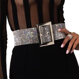 New brand design Women's wide Belt Fashion Shiny Diamond Crystal Waistband Female Luxury Gold Silver Waist Party Belt T200113
