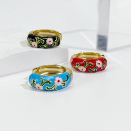 Hoop & Huggie Peri'sBox 3 Colors Enamel Flower Earring For Women Vintage Delicate Floral Brass Earrings Boho JewelryHoop