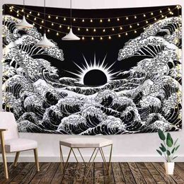 Sepyue Wave Tapestry Kanagawa Large Wave Wall Rugs With Sun Wall Rugs Black And White Carpet For Room Art Printing J220804