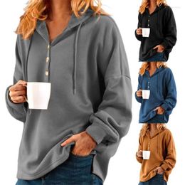 Women's Hoodies & Sweatshirts Women Hoodie Solid Colour Drawstring Buttons Decor Side Split Autumn V-neck Sweatshirt For Daily WearWomen's