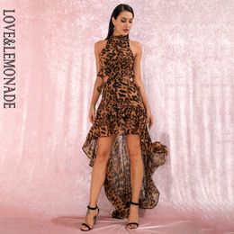 LOVE&LEMONADE Sexy Stand Collar Open Back Cut Out Ruffles Irregular Leopard-Print Chiffon Dress LM81853 220507
