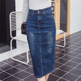 Women long Jeans skinny Skirts Blue Girls High Waist Casual Denim Pencil skirt Female saia 220701