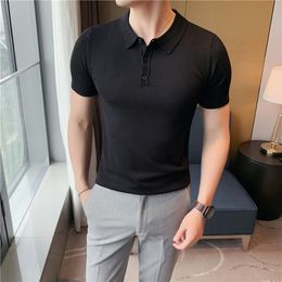 Men's Polos Summer 2022 Men Short Sleeve Solid Knitted T-Shirt Male British Style Slim Fit Business Formal ShirtsMen's