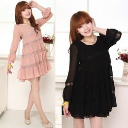 New Spring Autumn Women Sweet Style Dresses Slim Loose Solid Color Beading Lace Splice Long Sleeve Chiffon Casual Dress Black/Pink Size M L