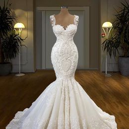 Gorgeous African Mermaid Wedding Dresses 2022 Full Lace Appliques Beaded Plus Size Sweep Train Bridal Party Gowns Vestido De Noiva