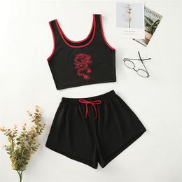 Sexy Print Lady Soft Satin Sleepwear Women Lace Shorts Two Piece Sets Pajamas Summer V-neck Vest Tops Suits Homewear 220329