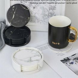 6pcs Coaster Artificial Leather Marble Drink Coffee Cup Mat Easy To Clean Placemats Round Tea Pad Table Holder 220627