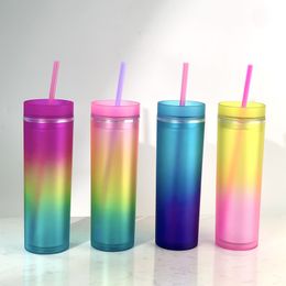 16oz plastic tumbler gradient acrylic straight skinny tumbler matte frosted with Lid and straw holographic Cup 500ml Double Wall water bottle