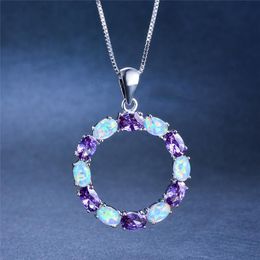 Pendant Necklaces Luxury Female Big Oval Pendants Fashion Silver Colour Purple Necklace Blue White Fire Opal For WomenPendant