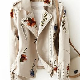 FTLZZ Women Retro Floral Print Embroidery Faux Soft Leather Jacket Coat Turndown Collar Pu Moto Biker Black Punk Outerwear 220813