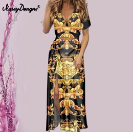 Noisydesigns Dresses Summer Ladies Slit Bandage Luxury Long Sexy Shirt European Golden Flower Plus Size 4xl Drop 220627