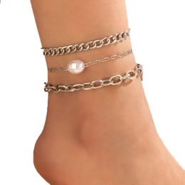 Punk Thick Foot Chain Luxury Pearl Stone Silver Color Alloy Metal Adjustable Anklet for Women Jewelry 3pcs/set