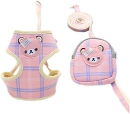 Dog Harness and Leashes Set with Snack Bag No Pull Adjustable Soft Breathable Mesh Cat Harnesses Cute Cartoon Bear Plaid Pet Harnesses for Small Medium Dogs Cats B72