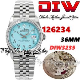 DIWF diw126234 SA3235 Automatic Mens Watch 36MM Fluted Bezel Blue Dial Arabic Markers 904L Jubileesteel Bracelet With Same Serial Warranty Card eternity Watches