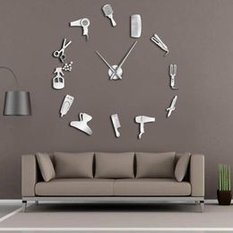 Wall Clocks Barber Shop Giant Clock With Mirror Effect Toolkits Decorative Frameless Watch Hairdresser Art DecorWall ClocksWall