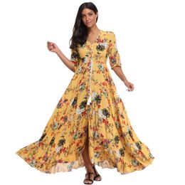 half sleeved dresses Australia - Casual Dresses Witbuy Bohemian Print Woman Maxi Long Dress V Neck Draw String Lady Half Sleeve With Button Elegant For Women 2022Casual